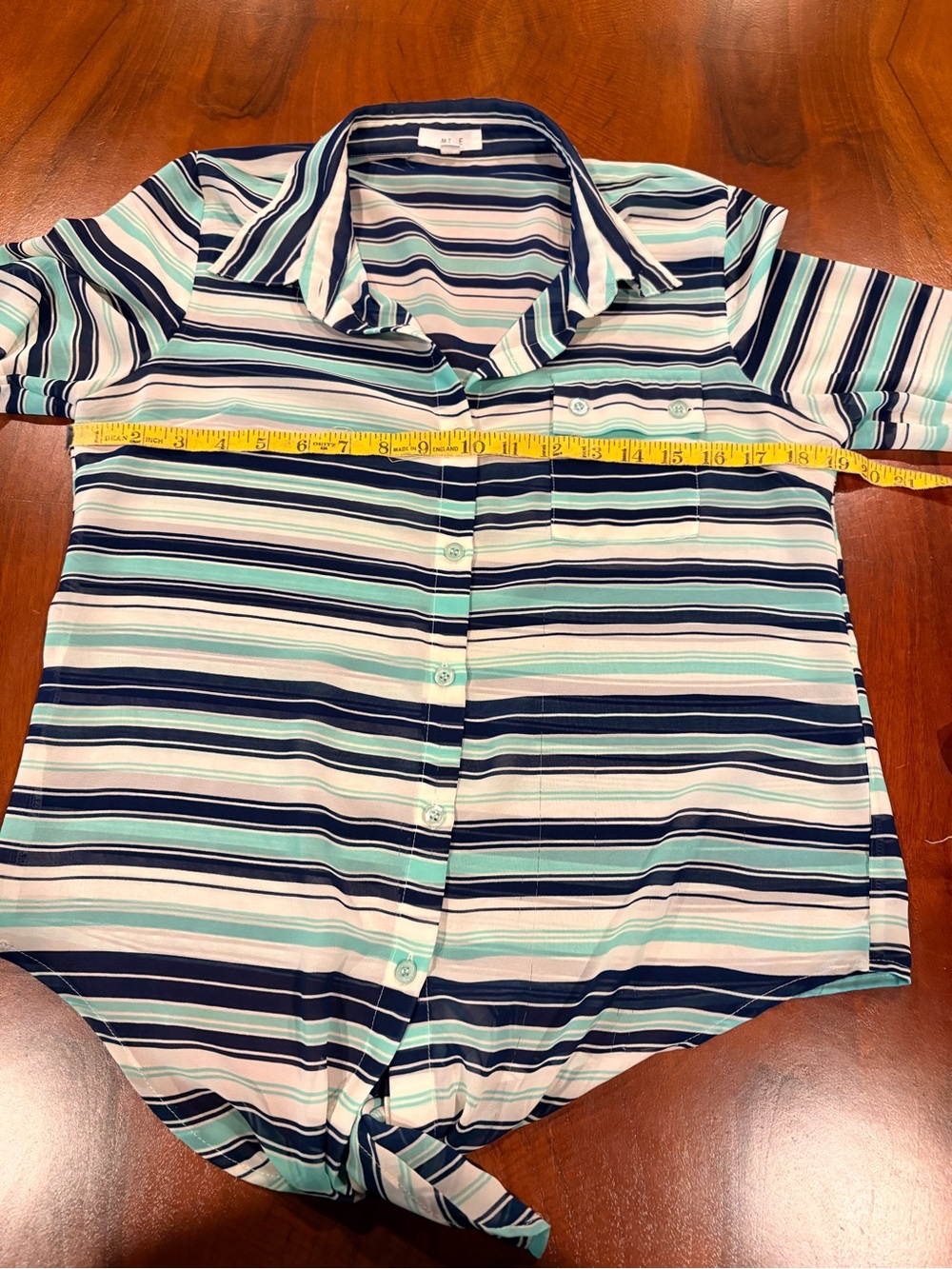 Striped Button-Front Tie-Hem Women's Shirt - Green & Navy, size M - Picture 2 of 4